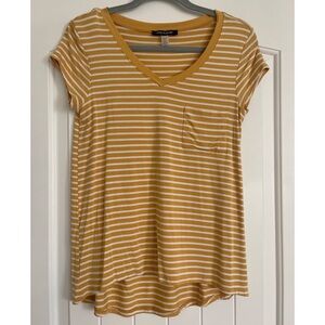 Cable & Gauge Yellow Mustard White Striped V-Neck Pocket Tee, Size S